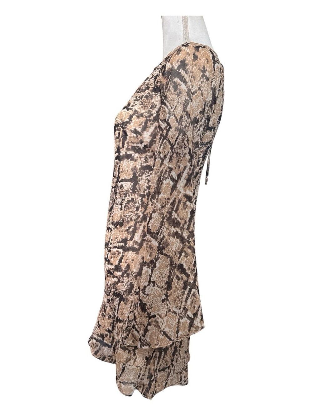 B. Darlin Snake Print Bell Sleeve Mini Dress Open Back Tie Neutral NWT Size 3/4 - Picture 3 of 9